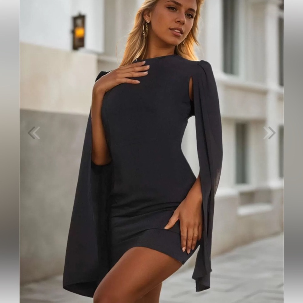 Amazingly Gorgeous Black Cape Sleeve Mini Dress! NWT! - Picture 2 of 6